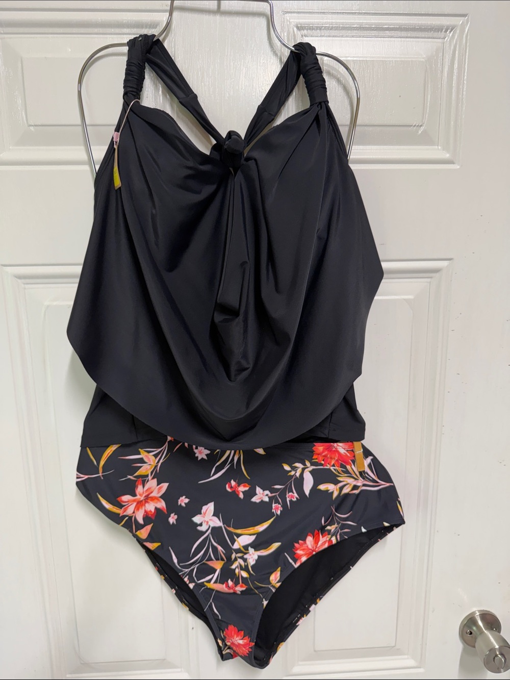 Cupshe Black Draped One-Piece with Floral High-Waist Bottom